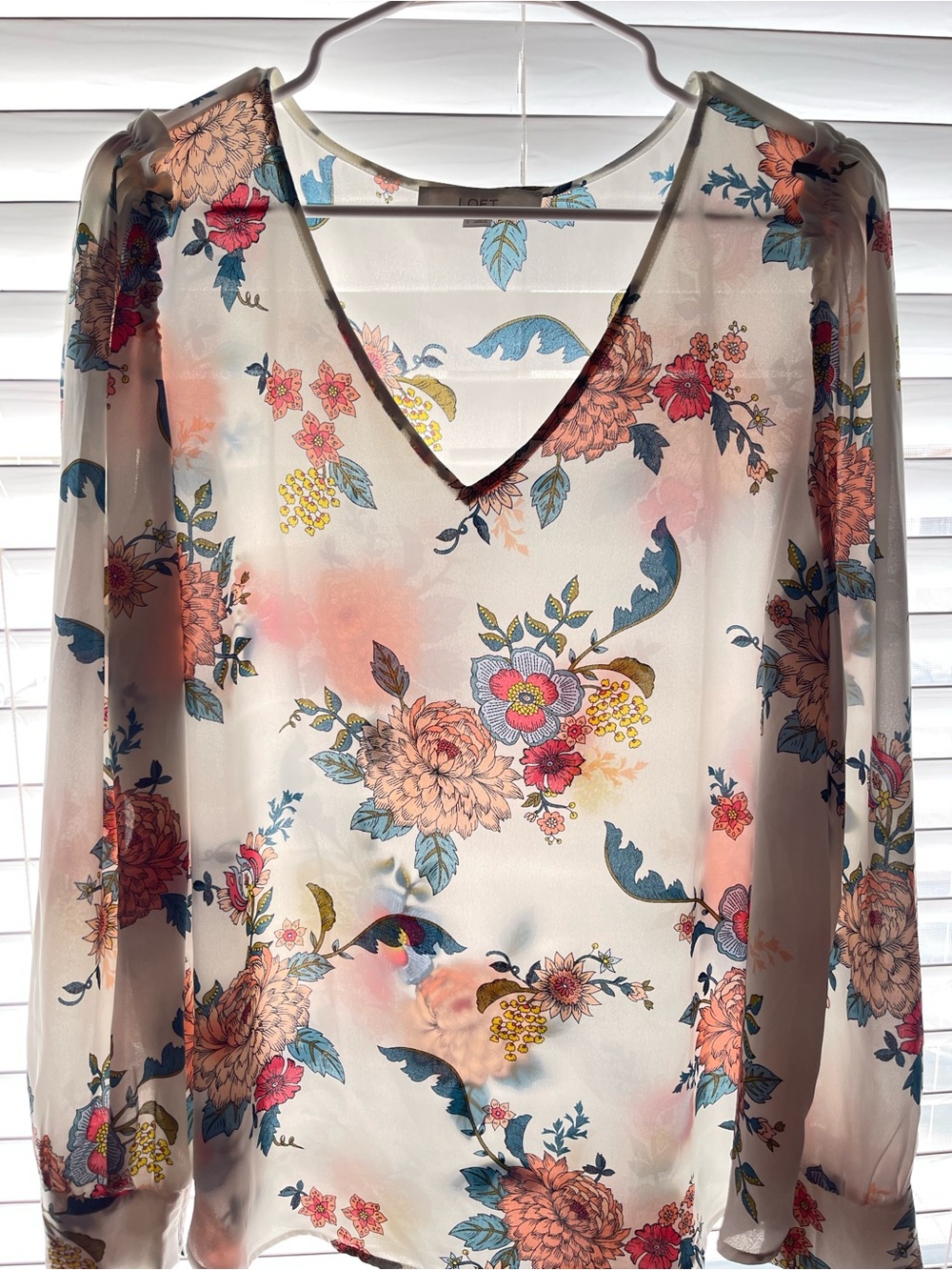 LOFT Cream Floral V-Neck Blouse with Coral and Blue Accents